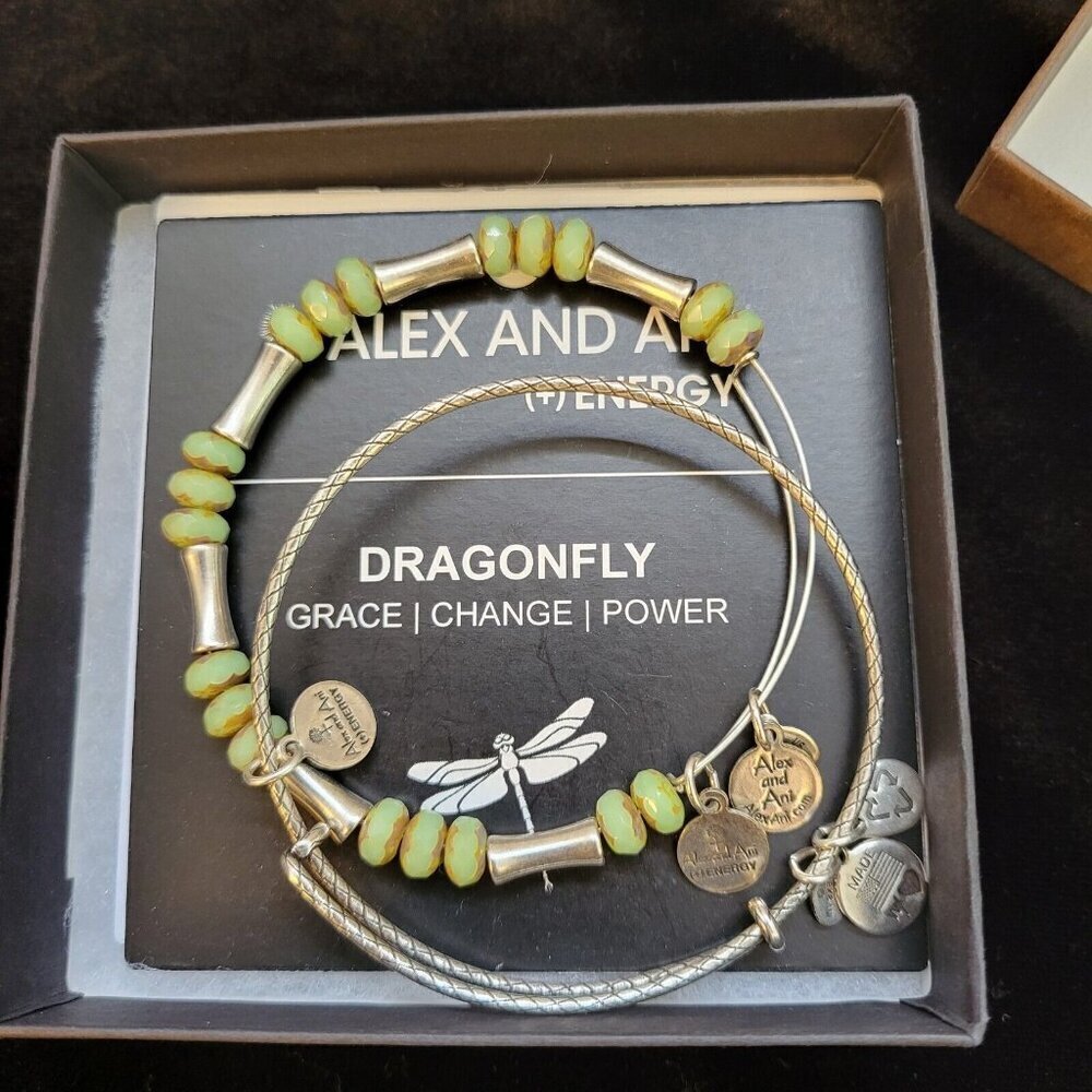 Alex and Ani Bracelet Green Beaded Bangle Set Silver Tone Missing‎ Dragonfly